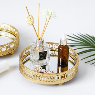 770G Round Gold Mirror Tray , Electroplating Glass Mirror Tray